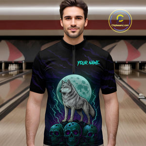Teal And Purple Wolf & Skull Bowling Team Shirt for Men Custom Bowling League Jersey Bowling Unisex QZT750