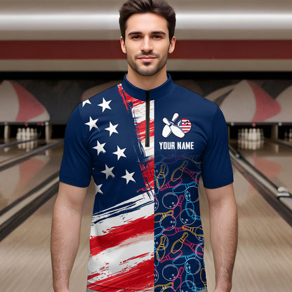 American Flag Bowling Shirts Patriotic Bowling Shirt for Men Women Polo&1/4 Zip Shirt MBL21