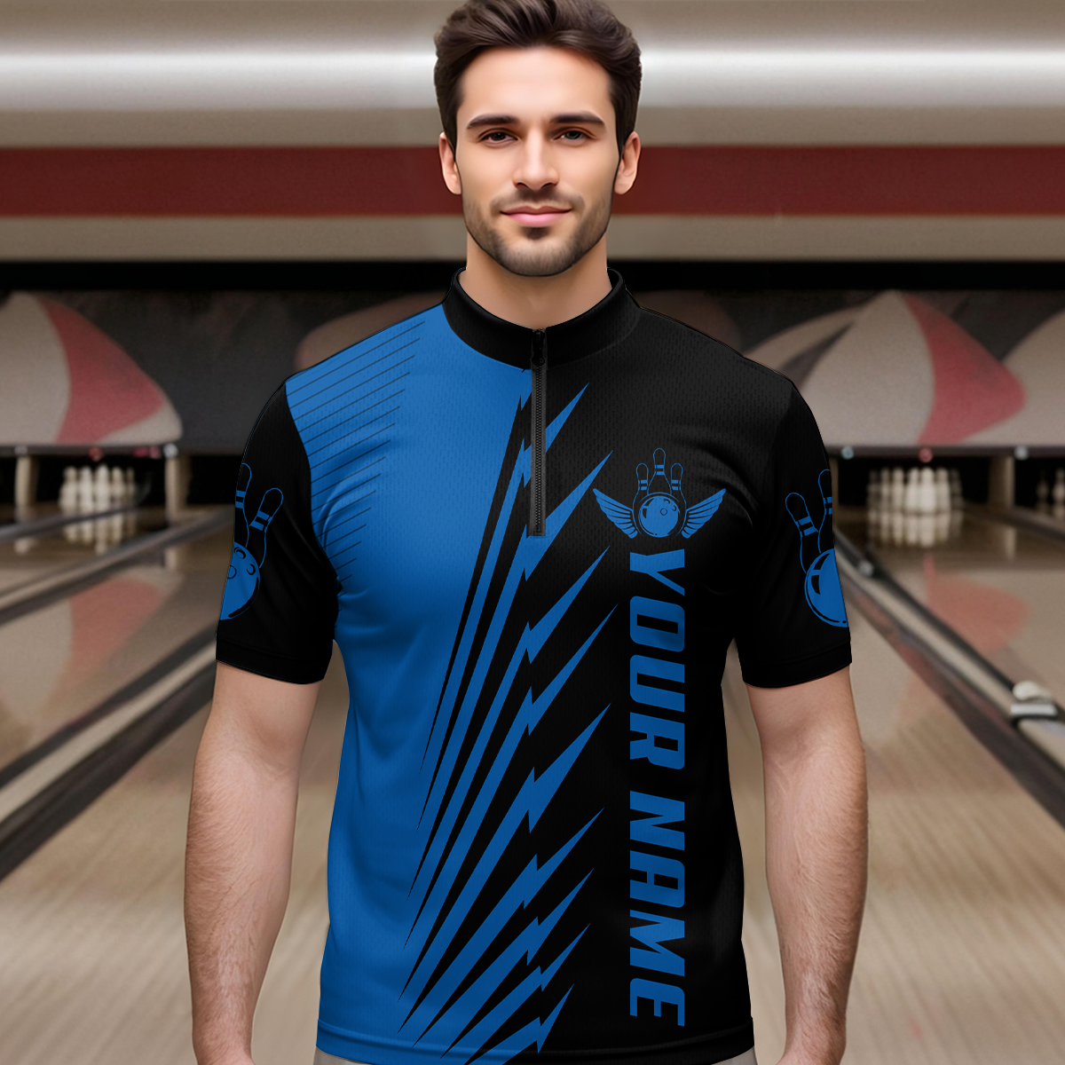 Custom Blue Bowling Shirts for Men Women Team Bowling Polo & 1/4 Zip Shirt MBL48