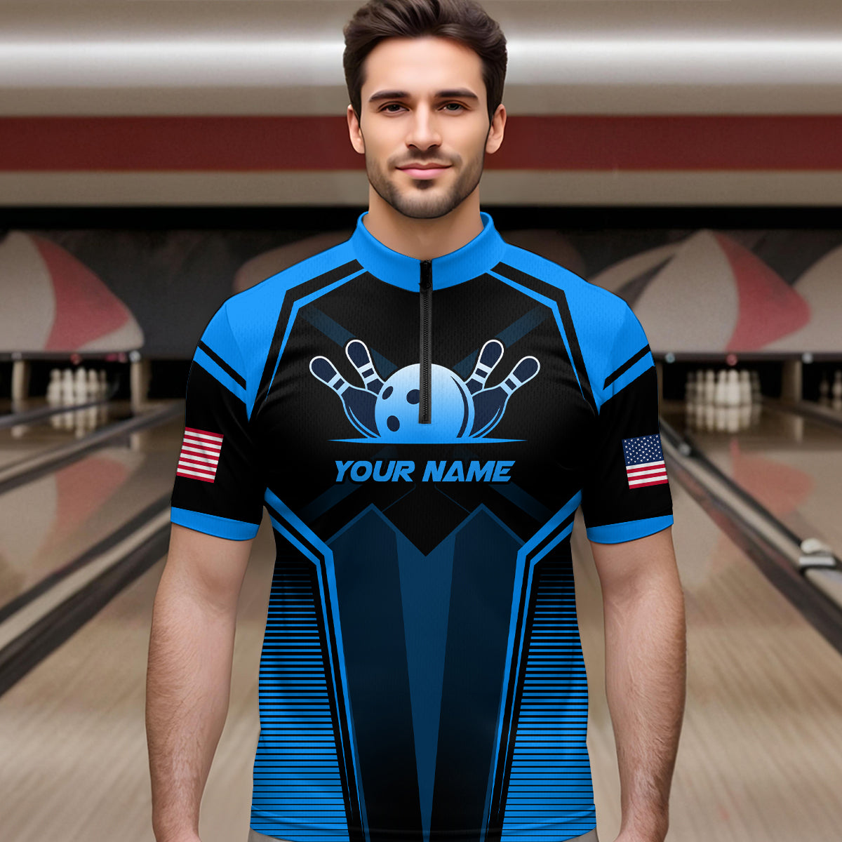 Custom Blue Bowling Jersey for Men Bowling Team Shirts Bowling Uniform Polo & 1/4 Zip HNT158