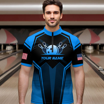 Custom Blue Bowling Jersey for Men Bowling Team Shirts Bowling Uniform Polo & 1/4 Zip HNT158
