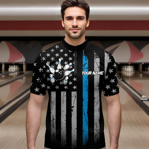 US Blue Flag Bowling Shirt for Men Custom Name Polo & Quarter-Zip Bowling Jersey Bowling Team Shirt HNT23