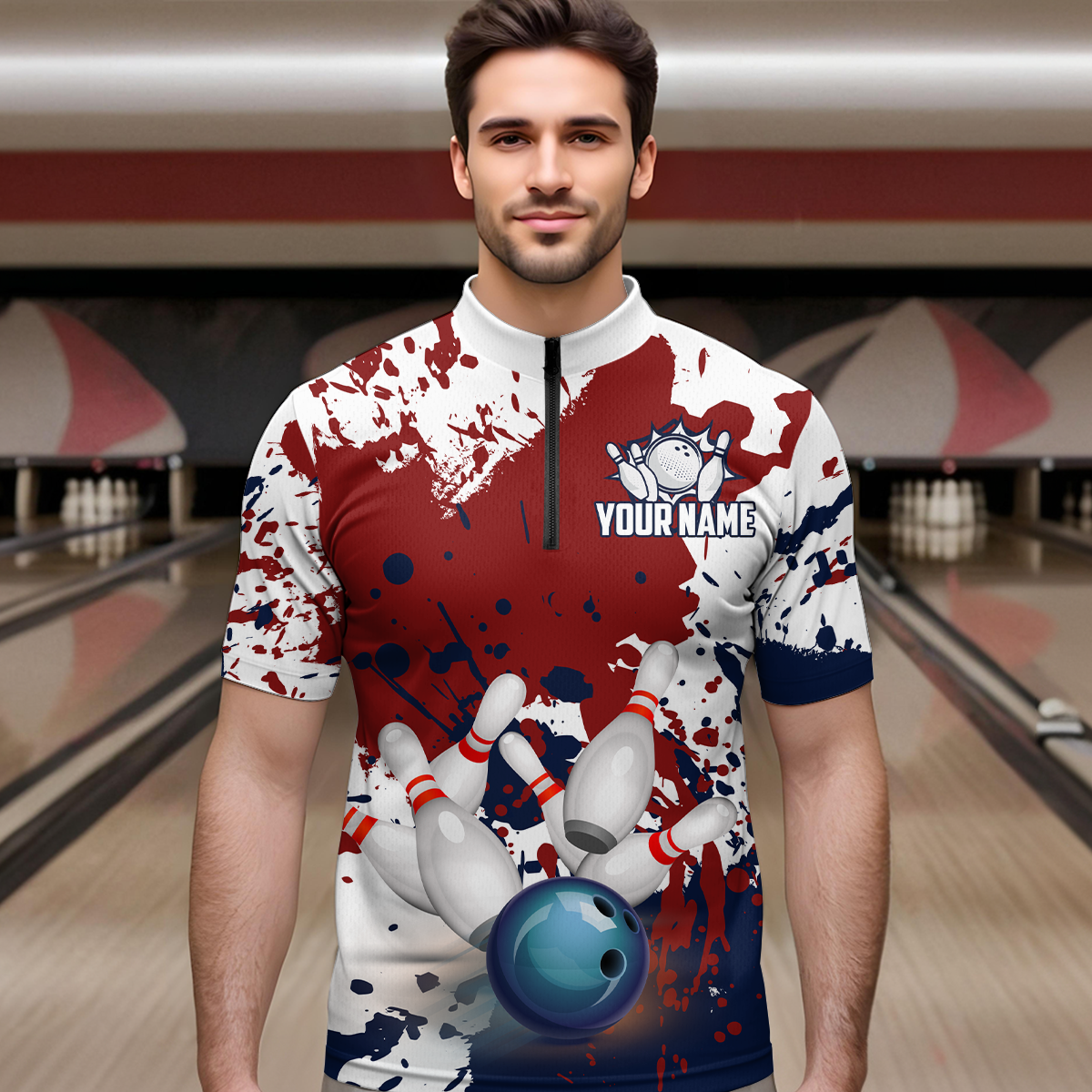 Red White Bowling Shirt for Men Bowling Jersey Shirts Polo & Quarter-Zip Bowling League HNT18