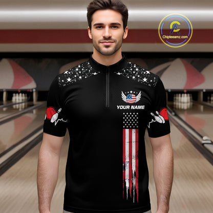 American Flag Bowling Custom Men Bowling Shirt Polo & Quarter-Zip Bowling Team Jerseys HNT54