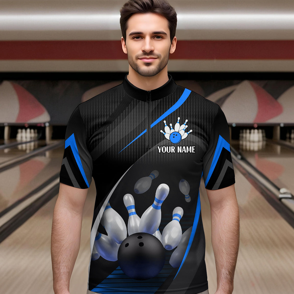 Blue Bowling Shirts for Men Women Team Custom Bowling Polo & Quarter Zip Shirt MBL71
