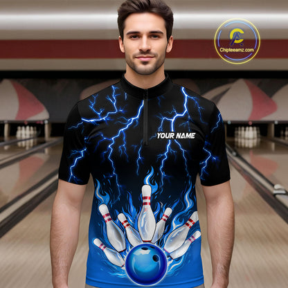 Blue Thunder Bowling Custom Men Bowling Shirt Polo & Quarter-Zip Bowling Team Shirts HNT71