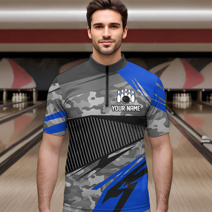 Blue Camo Bowling Shirts for Women Men Custom Team Bowling Polo & 1/4 Zip Shirt MBL61