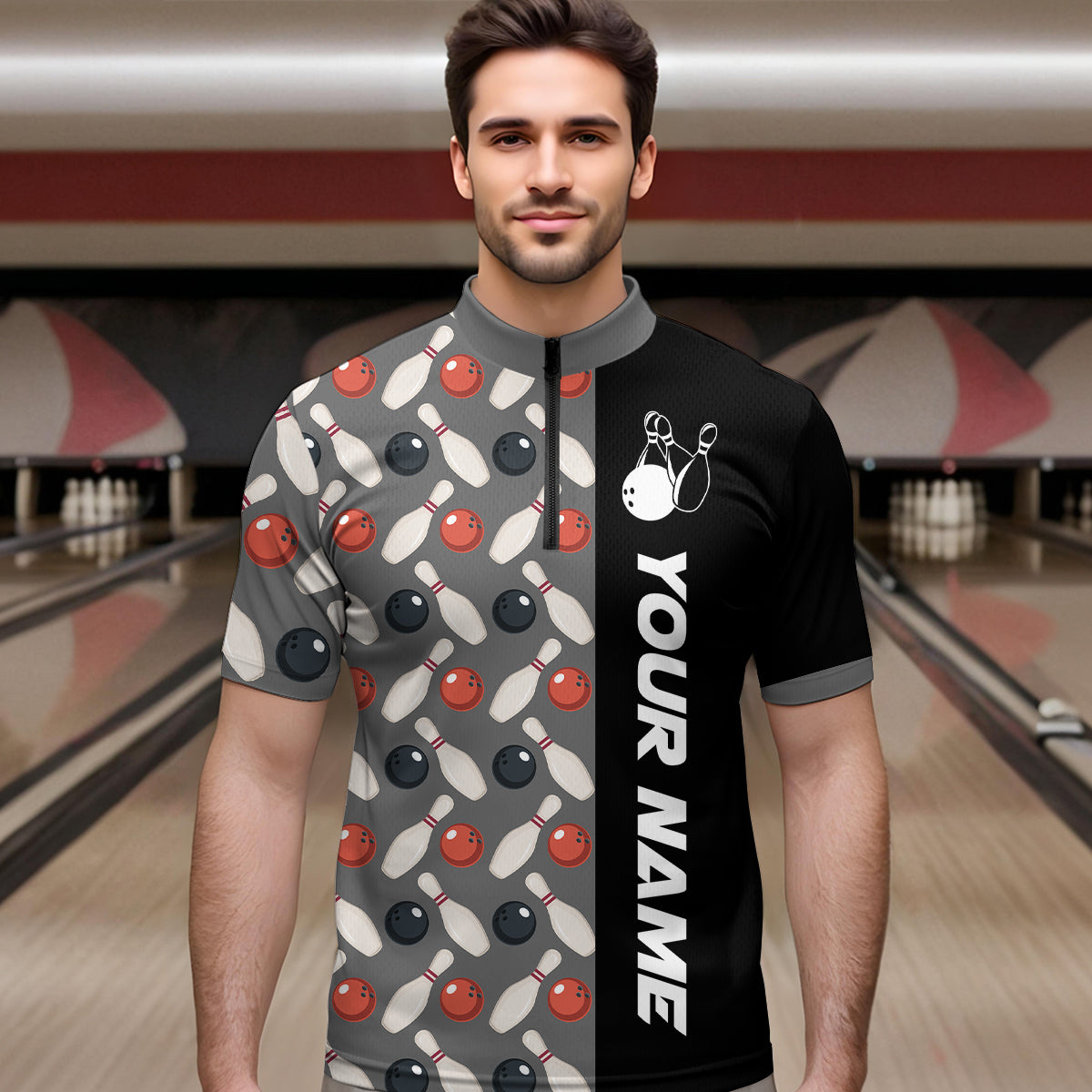 Dark Grey Bowling Pattern Custom Men Bowling Polo & Quarter-Zip Shirts Bowling Team Jerseys HNT45