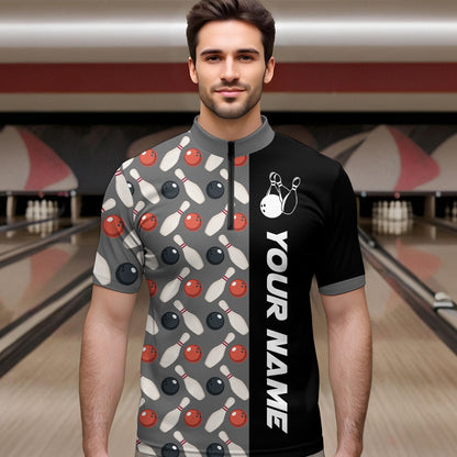 Dark Grey Bowling Pattern Custom Men Bowling Polo & Quarter-Zip Shirts Bowling Team Jerseys HNT45