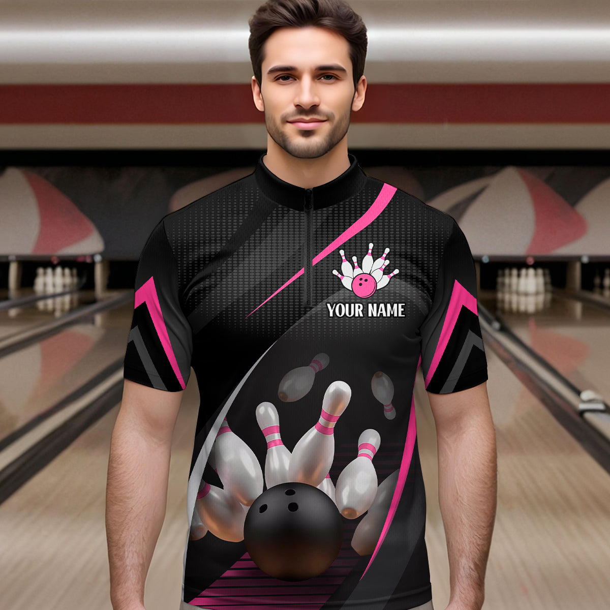 Pink Bowling Shirts for Men Women Team Custom Bowling Polo & Quarter Zip Shirt MBL71