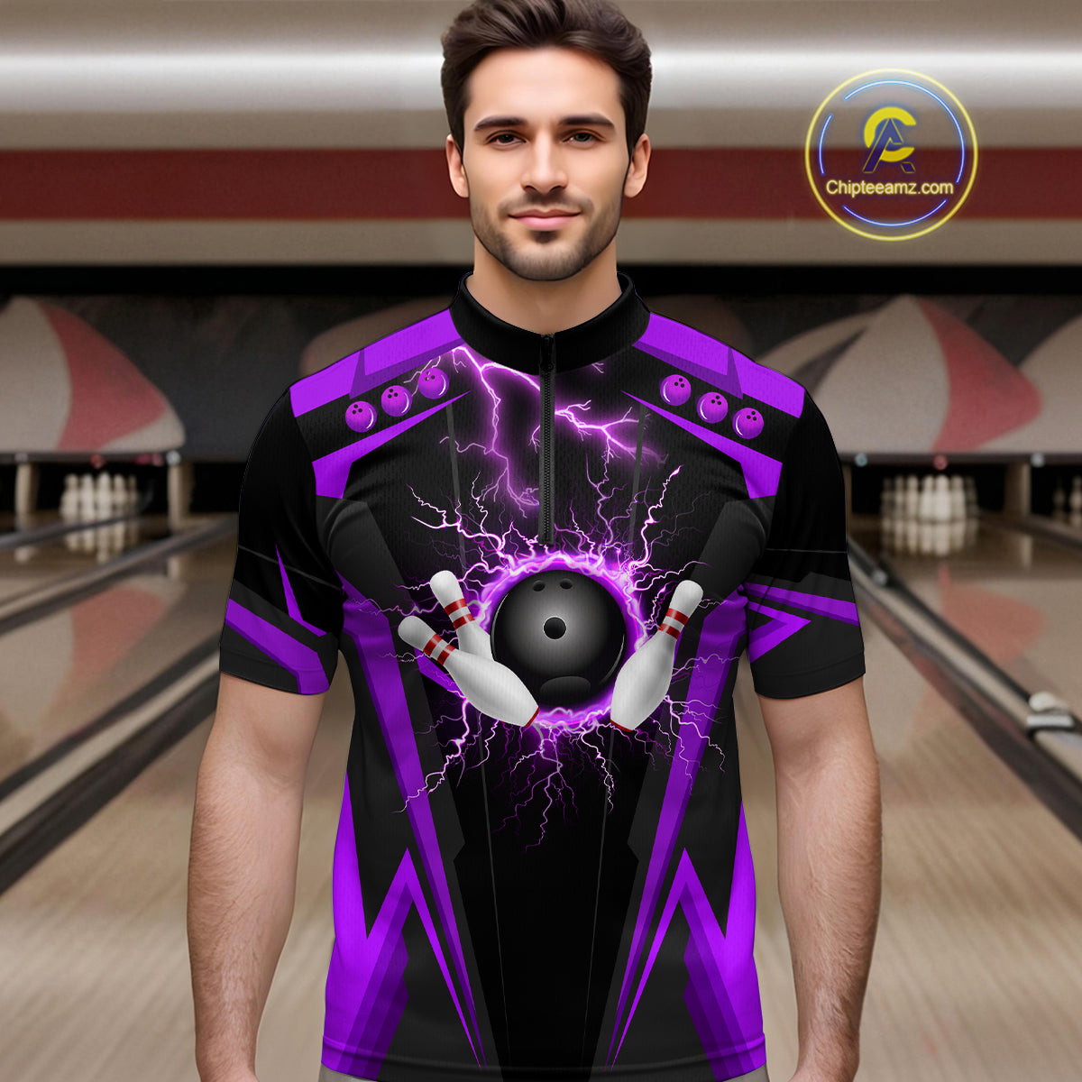 Black Men bowling Polo, 1/4 Zip shirt Custom lightning thunder team league bowling jersey | Purple NQS10375