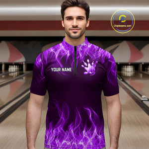 Custom Purple Flame Bowling Jersey for Men Bowling Uniform Polo & 1/4 Zip Bowling Team Shirts HNT106
