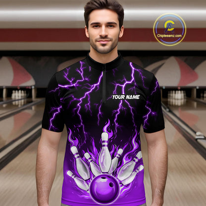 Purple Thunder Bowling Custom Men Bowling Shirt Polo & Quarter-Zip Bowling Team Shirts HNT71