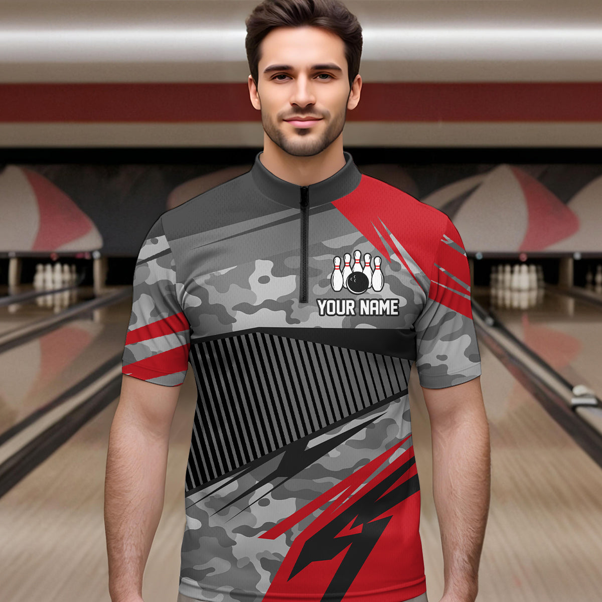 Red Camo Bowling Shirts for Women Men Custom Team Bowling Polo & 1/4 Zip Shirt MBL61