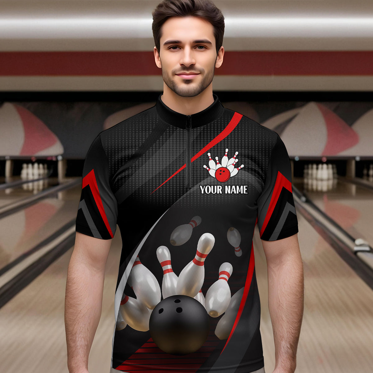 Red Bowling Shirts for Men Women Team Custom Bowling Polo & Quarter Zip Shirt MBL71