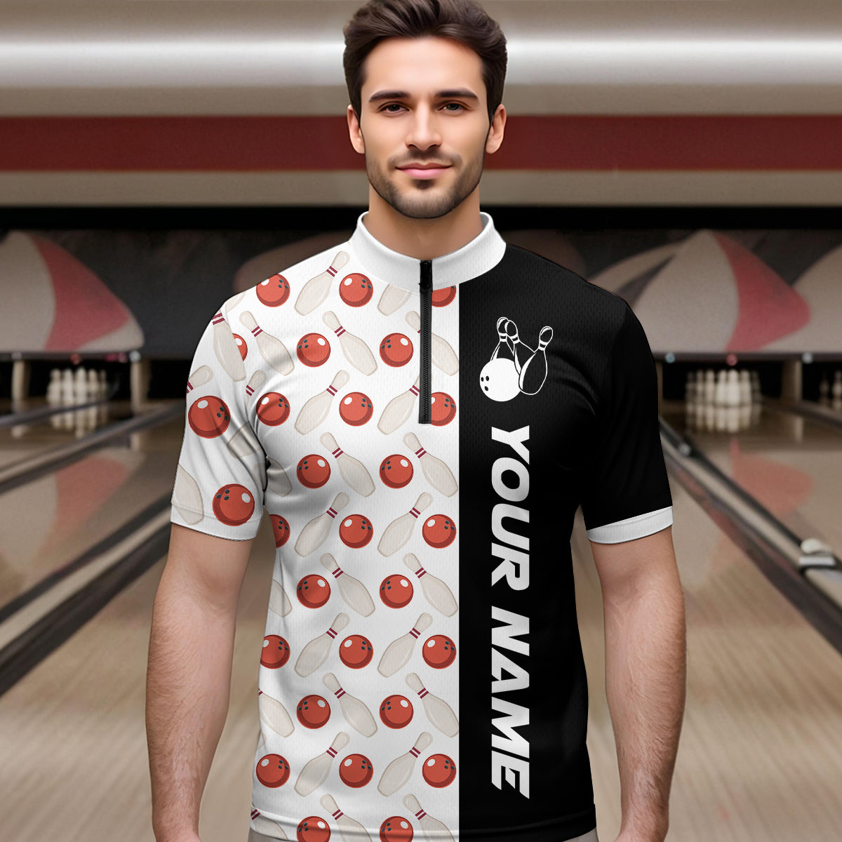 White Bowling Pattern Custom Men Bowling Polo & Quarter-Zip Shirts Bowling Team Jerseys HNT45