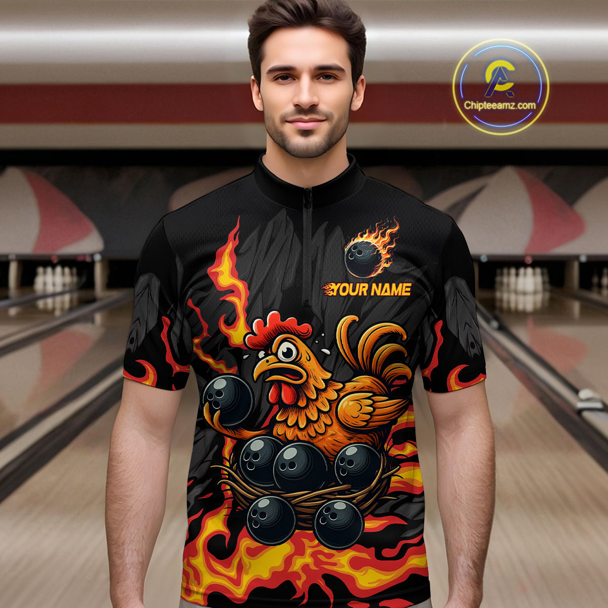 Personalized Chicken Bowling Shirt Orange Flame Bowling for Men Team League Polo & Quarter-Zip QZT706