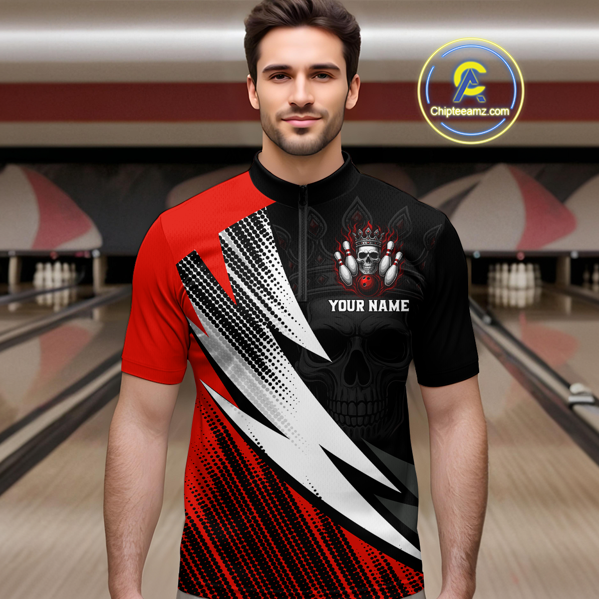 Red Skull Crown Bowling Custom Men Bowling Shirt Polo & Quarter-Zip Bowling Team Jerseys HNT65