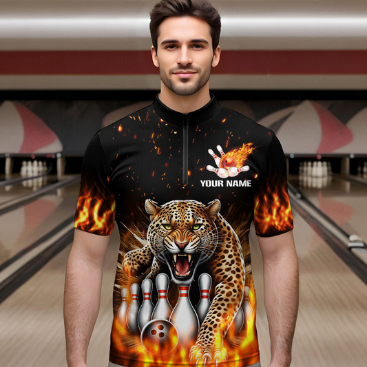 Custom Bowling Shirts Cheetah Bowling Quarter Zip Flames Bowling Jersey for Men QZT452