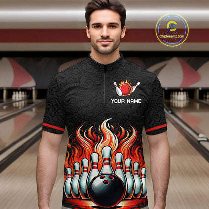 Flame Bowling Custom Men Bowling Shirt Polo & Quarter-Zip Bowling Team Jerseys HNT56