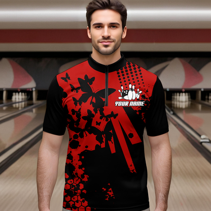 Custom Red Butterflies Bowling Shirts for Men Women Bowling Jersey Team Name MBL79