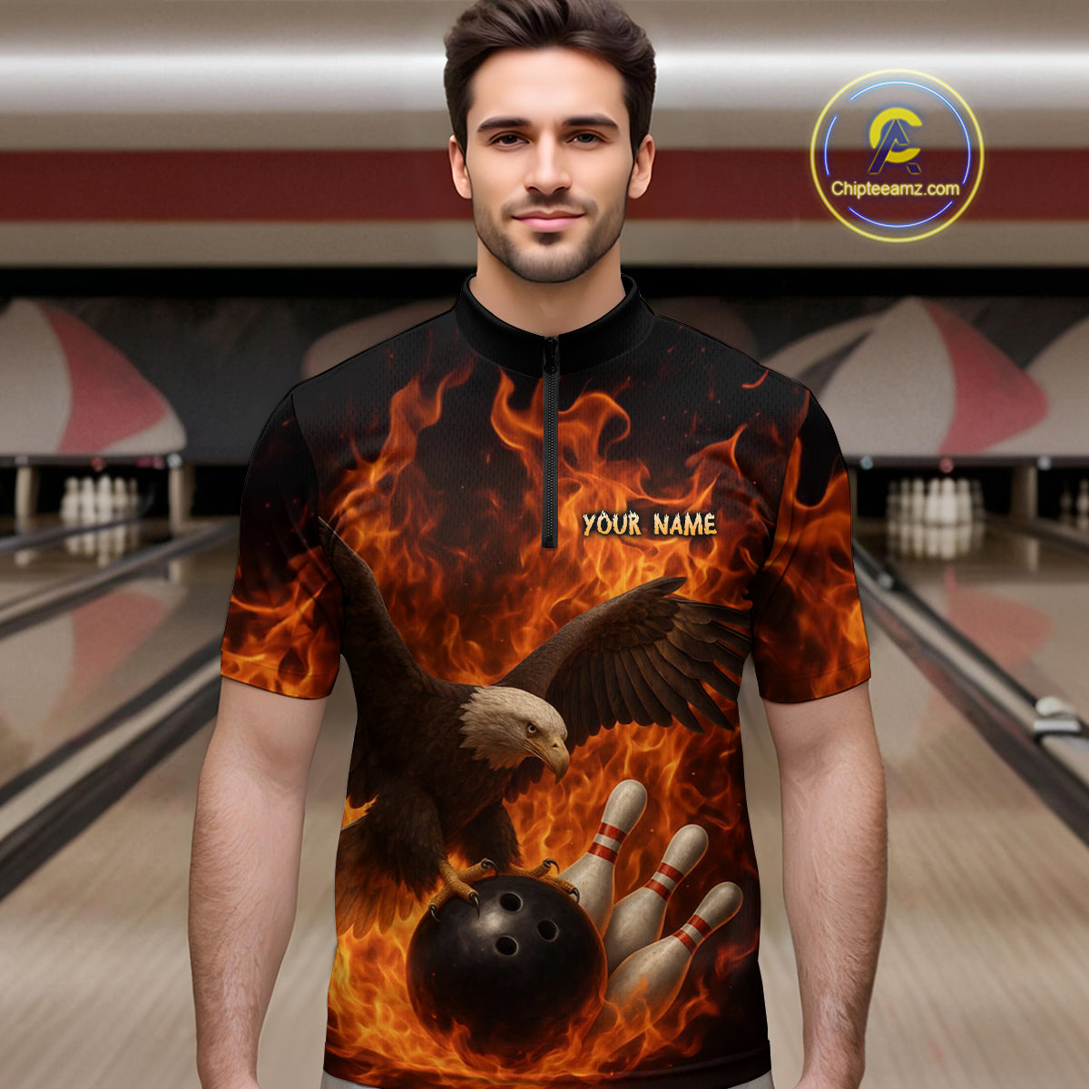 Flame Eagle Bowling Polo, Quarter Zip Shirts For Men Custom Eagle Bowling Team Jerseys NQS9972