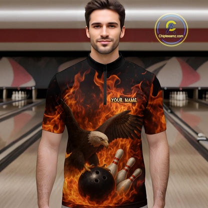 Flame Eagle Bowling Polo, Quarter Zip Shirts For Men Custom Eagle Bowling Team Jerseys NQS9972
