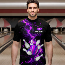 Load image into Gallery viewer, Black and Purple Lightning Bowling Shirts For Men Custom Bowling Team Uniform Bowlers Outfits NQS9597