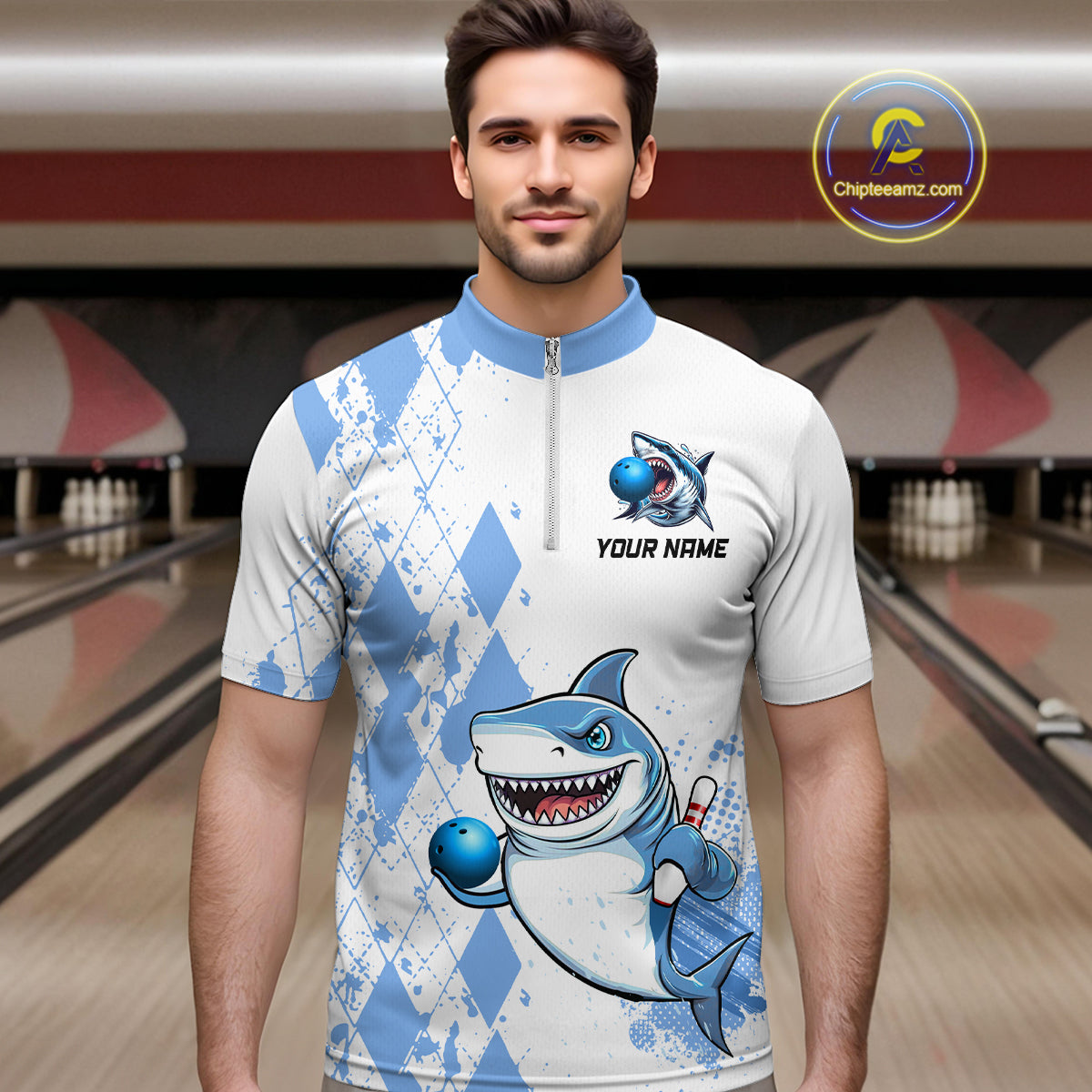 Blue Shark Bowling Custom Men Bowling Shirt Polo & Quarter-Zip Bowling Team Jerseys HNT62