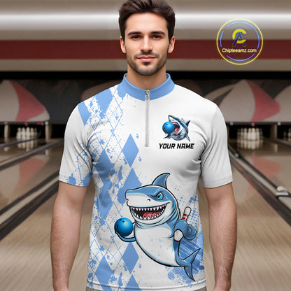 Blue Shark Bowling Custom Men Bowling Shirt Polo & Quarter-Zip Bowling Team Jerseys HNT62