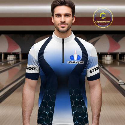 White and Blue Bowling Shirts for Men Women Team Custom Bowling Polo & Quarter Zip MBL105