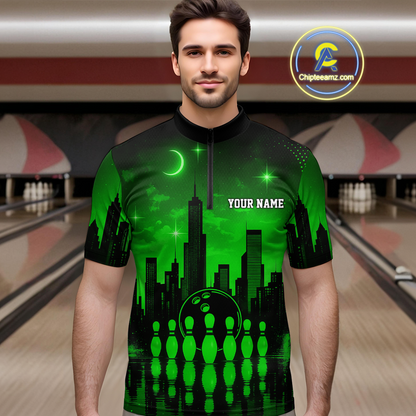Green Bowling Custom Men Bowling Shirt Polo & Quarter-Zip Bowling Team Jerseys HNT66