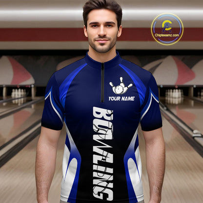 Custom Blue Bowling Shirt for Men Women Team Bowling Jerseys Polo 1/4 Zip MBL106