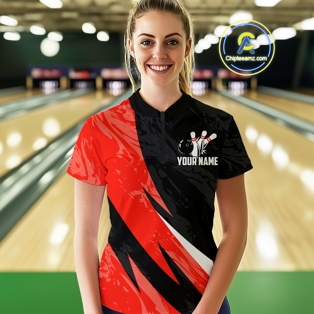Custom Red Bowling Custom Women Bowling Shirt Polo & Quarter-Zip Bowling Team Jerseys HNT75