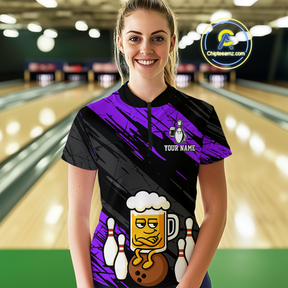 Custom Purple Funny Beer Bowling Jersey for Women Bowling Uniform Polo & 1/4 Zip Bowling Team Shirts HNT107