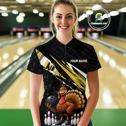 Custom Yellow Funny Turkey Bowling Jersey for Women Thanksgiving Bowling Shirts Polo & 1/4 Zip HNT117
