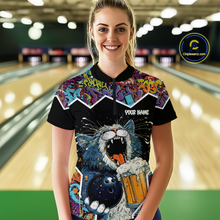 Load image into Gallery viewer, Custom Funny Cat Beer Bowling Jersey for Women Polo &amp; 1/4 Zip Bowling Team Shirts HNT146