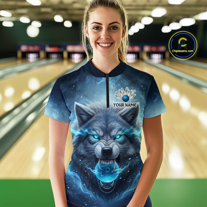 Blue Wolf Bowling Shirts Team Women Men Custom Bowling Jersey Bowl Polo&1/4 Zip MBL239