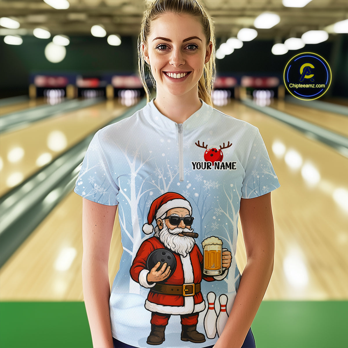 Funny Beer Santa Christmas Custom Bowling Jersey for Women Bowling Team Shirts Polo & 1/4 Zip HNT141
