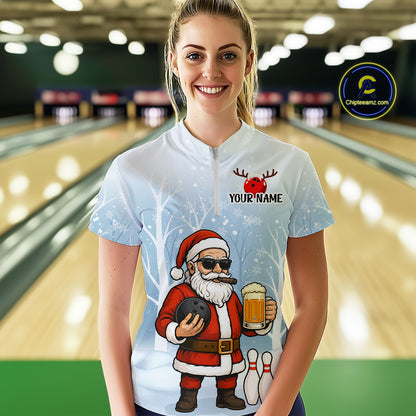 Funny Beer Santa Christmas Custom Bowling Jersey for Women Bowling Team Shirts Polo & 1/4 Zip HNT141