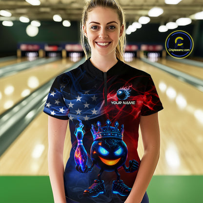 Custom American Flag Bowling Shirt Hero Bowling Ball Pin Polo & 1/4 Zip Bowling Jersey for Women QZT800