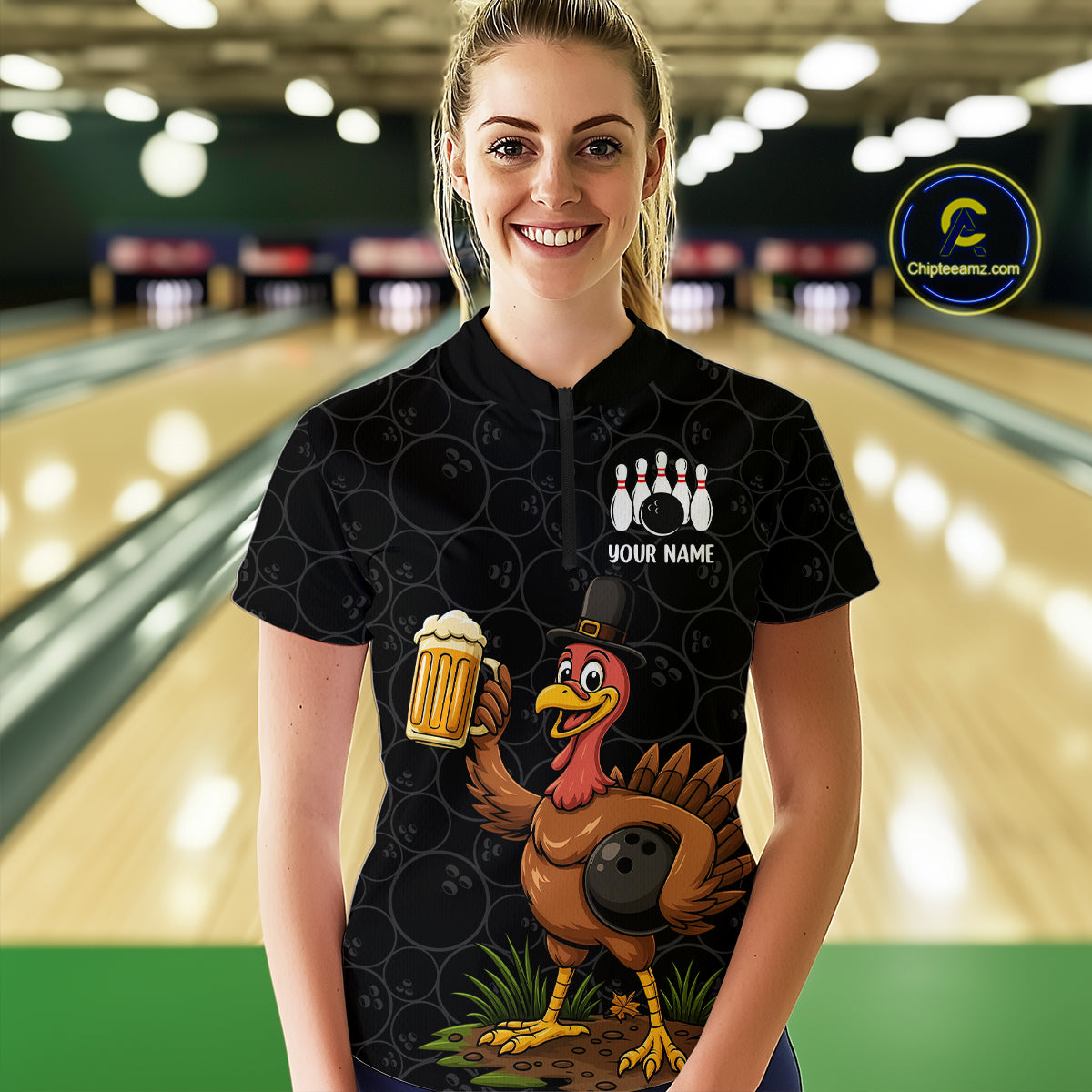 Funny Turkey Bowling Beer Thanksgiving Black Camo Custom Team bowling jerseys Women, bowling gifts NQS10974