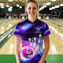 Load image into Gallery viewer, Custom Purple Blue Crazy Bowling Shirt for Women Polo &amp; 1/4-Zip Bowling League Outfit QZT831