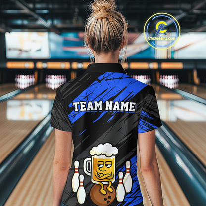 Custom Blue Funny Beer Bowling Jersey for Women Bowling Uniform Polo & 1/4 Zip Bowling Team Shirts HNT107