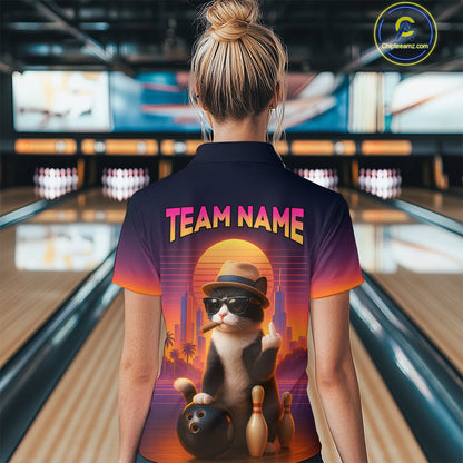 Women’s retro funny cat bowling quarter zip shirt, back view on female model in bowling lane 
