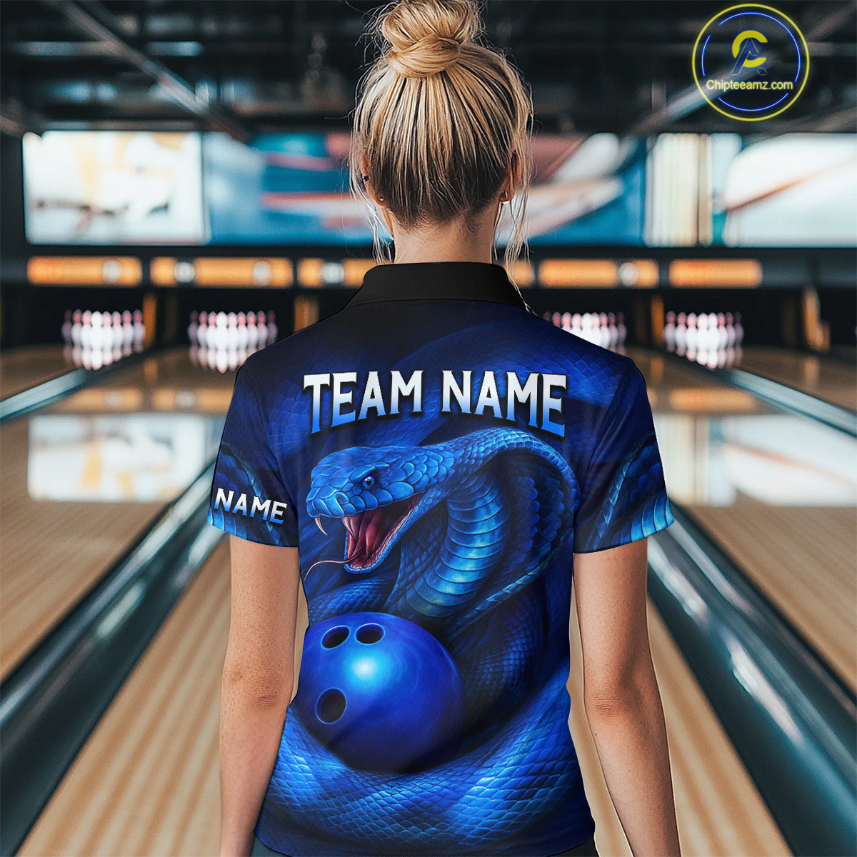 Custom 3D Blue Cobra Snake Bowling Team Shirt Bowling Jersey Outfit for Women Polo & Quarter-Zip QZT723