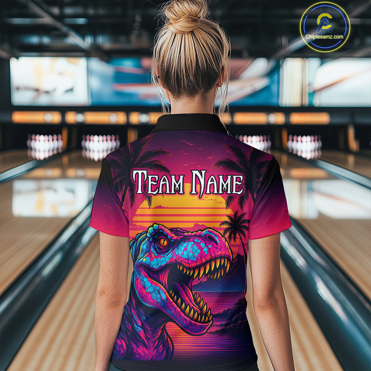 Custom Neon Dinosaur Bowling Women Bowling Shirt Polo & Quarter-Zip Bowling Team Jerseys HNT78