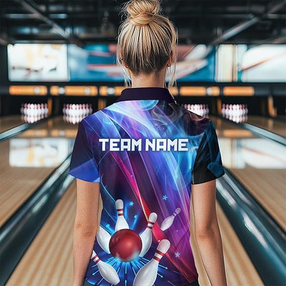 Personalized Galaxy Bowling Pins and Ball Shirt Blue & Purple Neon 1/4-Zip Bowling Team League QZT664
