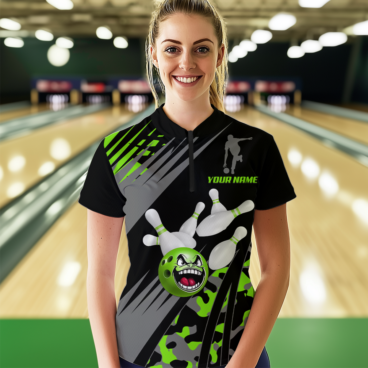 Personalized Green Crazy Bowling Shirt Quarter-Zip Bowling Jersey Bowling Outfit QZT609