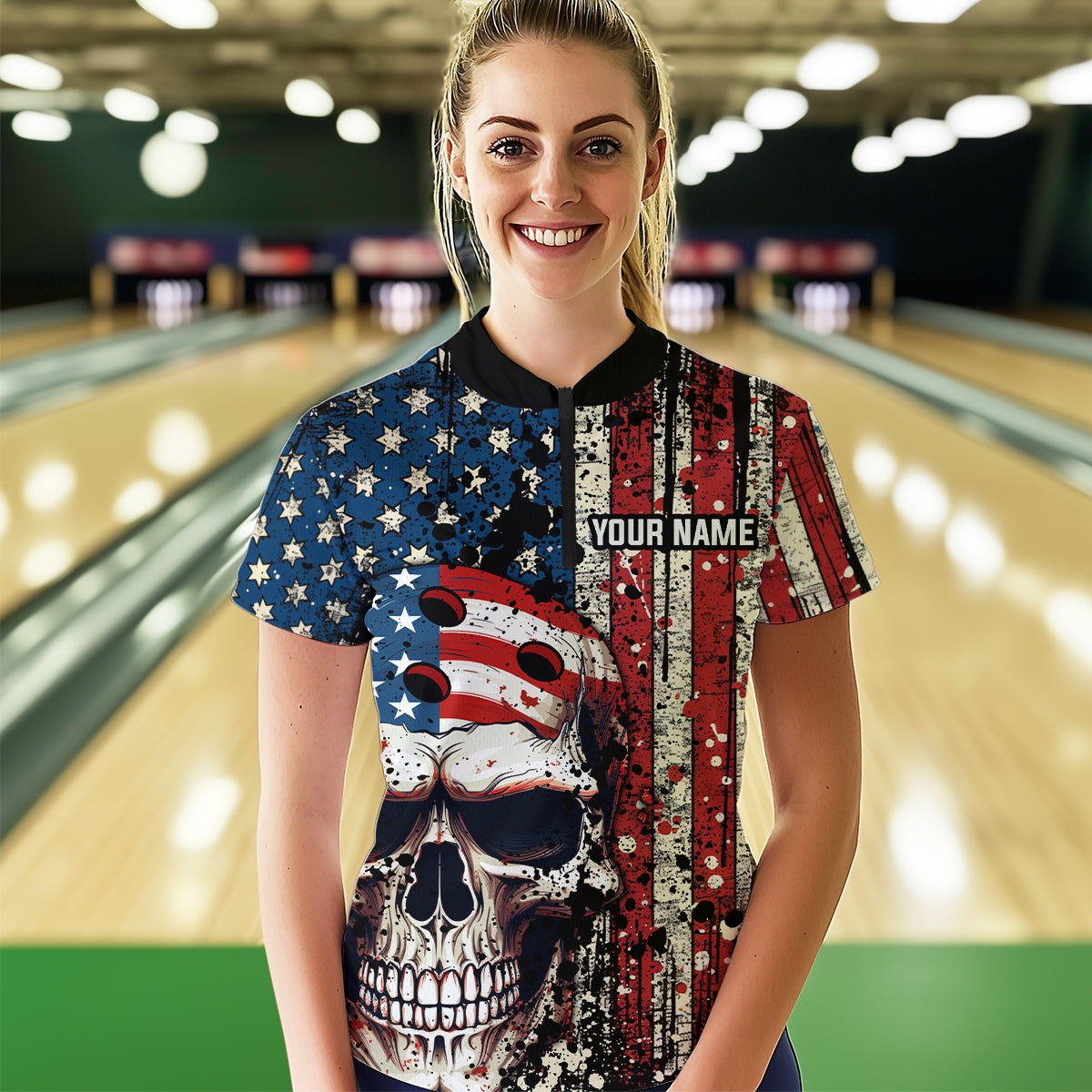 Skull US Flag Bowling Custom Women Bowling Shirt Polo & Quarter-Zip Bowling Team Jerseys HNT58